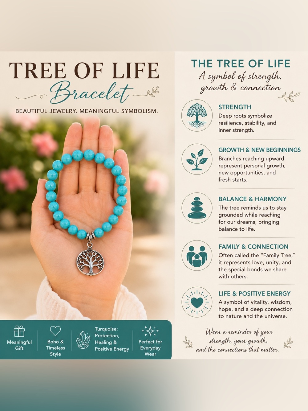 Tree of Life Turquoise Beaded Bracelet with Silver Charm